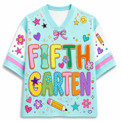A light blue V-neck t-shirt with 'FIFTH GARTEN' printed in large, colorful, playful letters across the front, decorated with cartoon stars, hearts, bows, flowers, and a pencil on a white background.