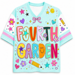 A light blue V-neck short-sleeve t-shirt featuring a colorful 'FOURTH GARDEN' graphic on the front, decorated with cartoon flowers, stars, hearts, bows, and a pencil.