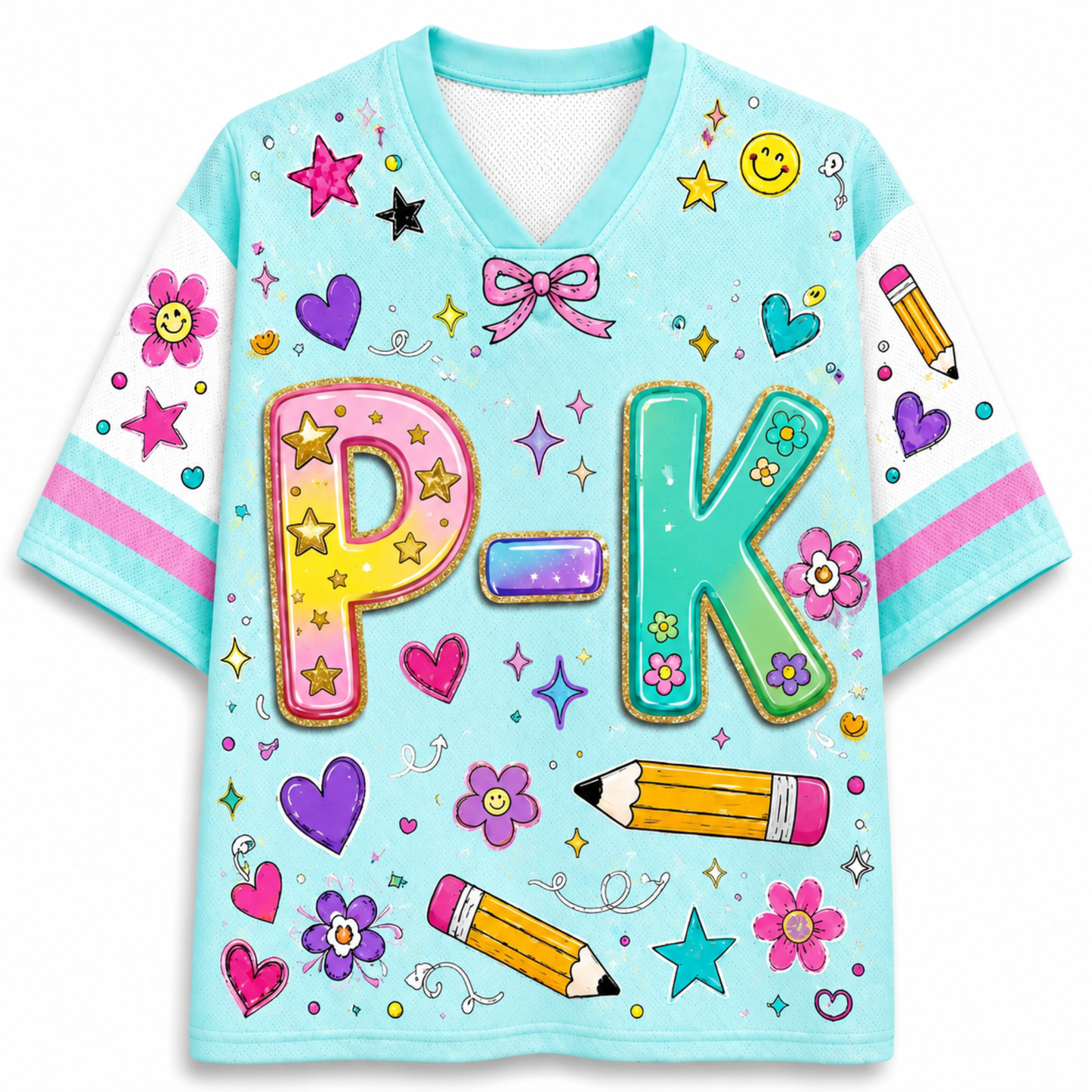 A light blue V-neck short-sleeve t-shirt with 'P-K' printed in large, colorful, glittery letters. The shirt is decorated with various school-themed graphics including pink and yellow smiley-faced flowers, purple and blue hearts, stars, bows, and yellow pencils with pink erasers.