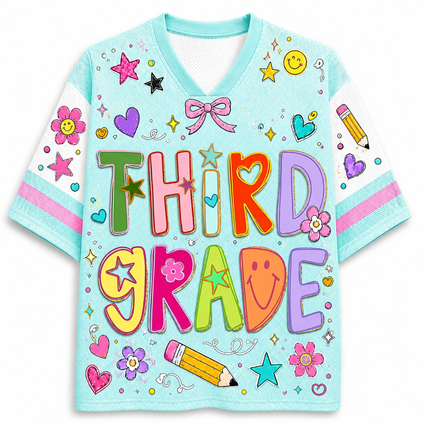 A light blue short-sleeve V-neck t-shirt with a colorful 'THIRD GRADE' graphic and school-themed doodles like stars, flowers, pencils, and hearts on a white background.