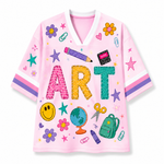 A pink short-sleeve V-neck t-shirt featuring colorful school-themed graphics and the word 'ART' in large textured letters across the front.