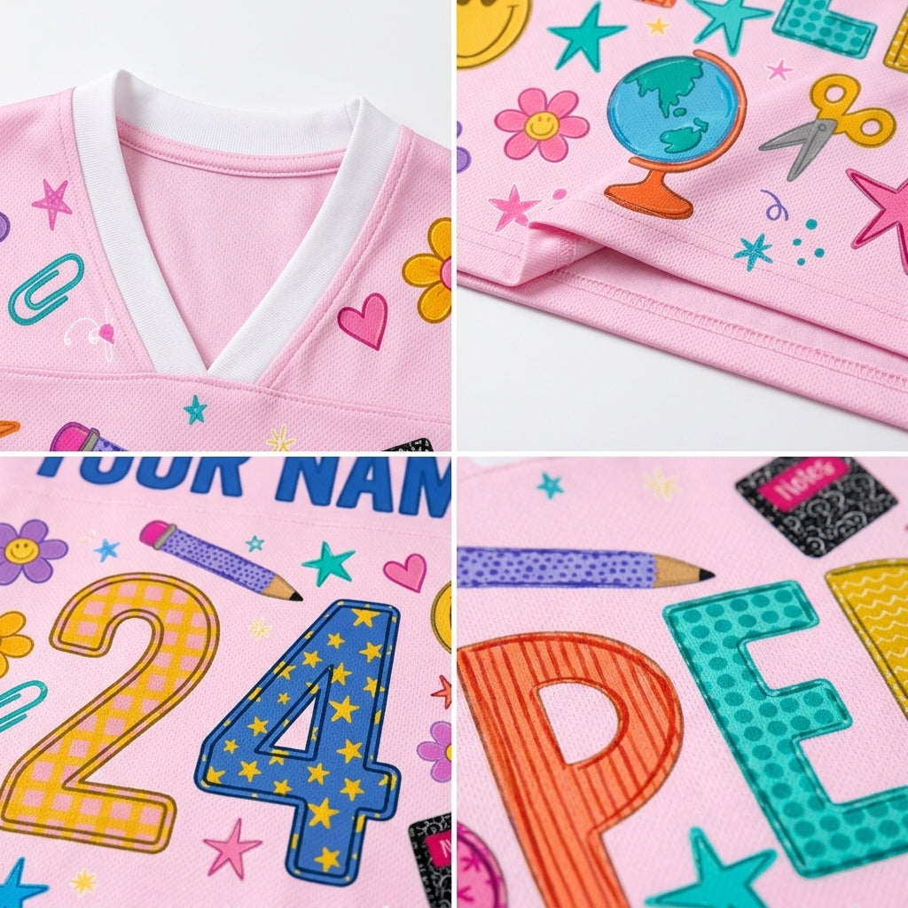A pink personalized V-neck t-shirt shown in a four-panel close-up collage. The shirt features a white V-neck trim and colorful school-themed applique patches including flowers, stars, scissors, a globe, and large letters and numbers spelling 'YOUR NAME 24'.