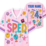 A pink short-sleeve V-neck t-shirt shown from both front and back. The front features colorful school-themed doodles and the word 'SPED' in large multicolored letters.