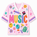 A pink short-sleeve V-neck t-shirt featuring a colorful 'MUSIC' graphic and school-themed illustrations including flowers, smiley faces, scissors, a globe, a backpack, and paperclips on a white background.