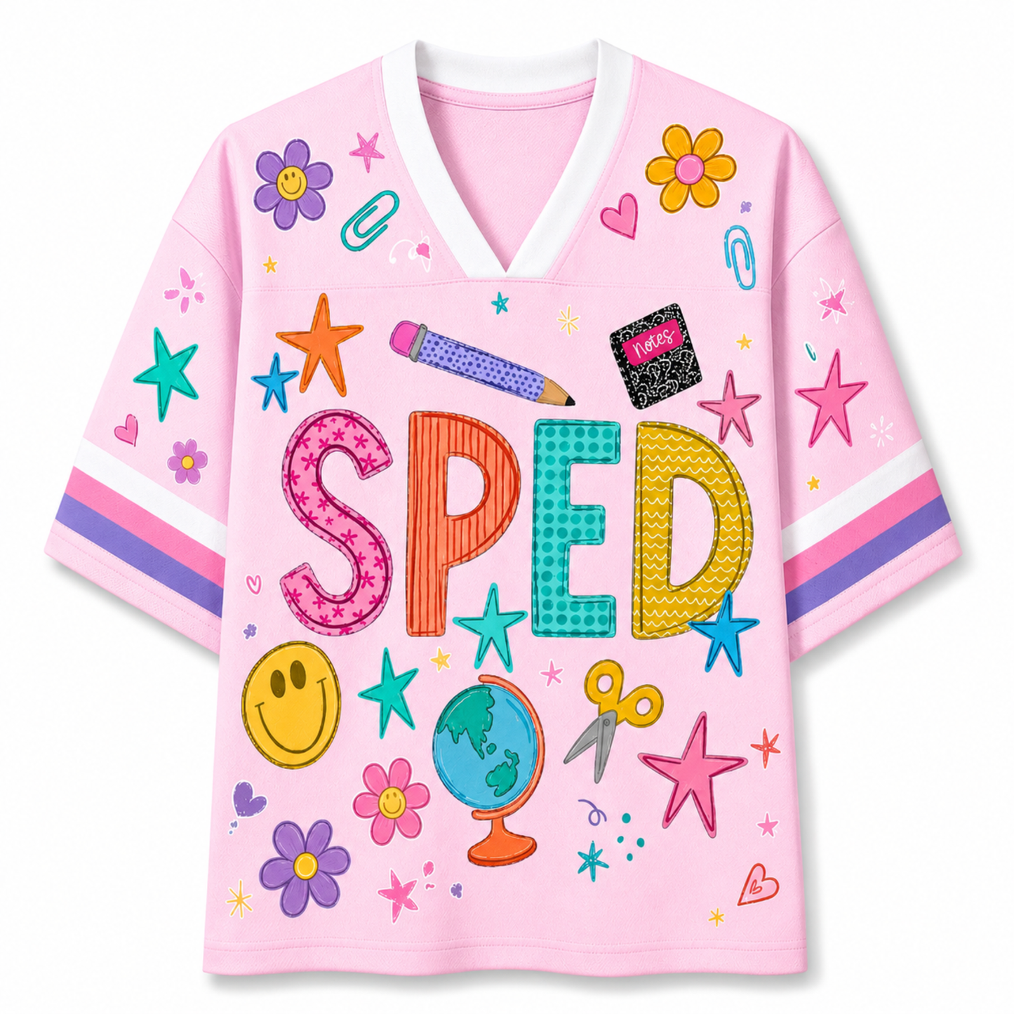 A pink short-sleeve V-neck T-shirt with colorful school-themed graphics spelling 'SPED' in large letters, decorated with stars, flowers, smiley faces, a pencil, scissors, a globe, paper clips, and hearts on a white background.