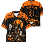 ChaoticClub Haunted House Spooky Ghost Halloween Mesh Jersey front and back view featuring an intricate haunted mansion, glowing pumpkins, and custom name 31.