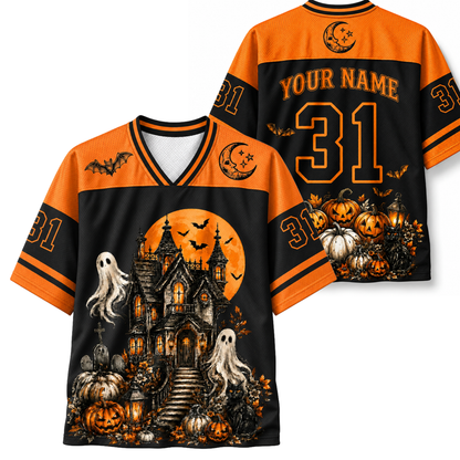 ChaoticClub Haunted House Spooky Ghost Halloween Mesh Jersey front and back view featuring an intricate haunted mansion, glowing pumpkins, and custom name 31.