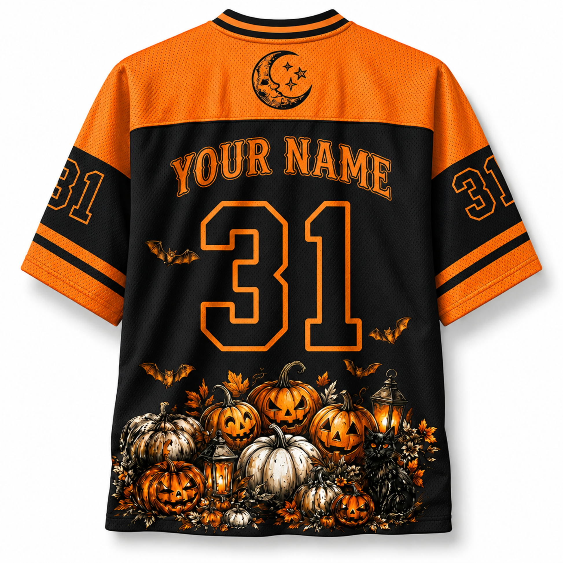Halloween-themed jersey with pumpkins and customizable text on a white background