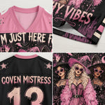 A four-panel collage showing a pink and black graphic jersey. The top-left panel shows the front chest with a pink V-neck and a black graphic with white text reading 'I'M JUST HERE.