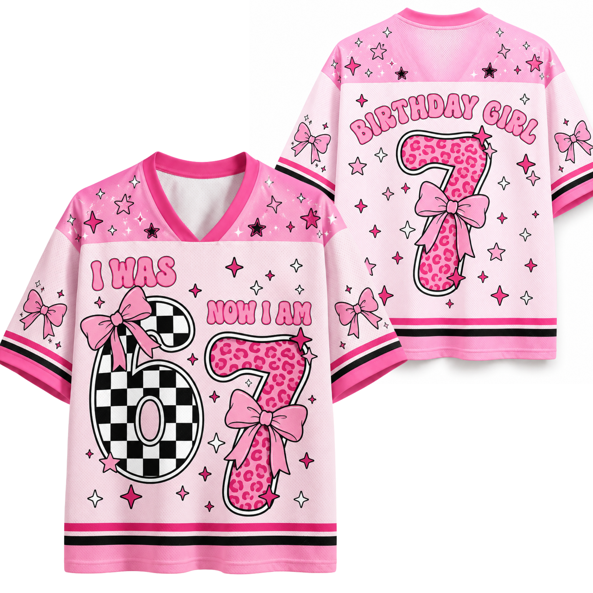 A pink and white graphic t-shirt shown from both front and back views. The shirt features a V-neck, short sleeves, and a colorful birthday-themed design with the number 7 in leopard print, pink bows, stars, checkered patterns, and text reading 'I WAS' and 'BIRTHDAY GIRL'.