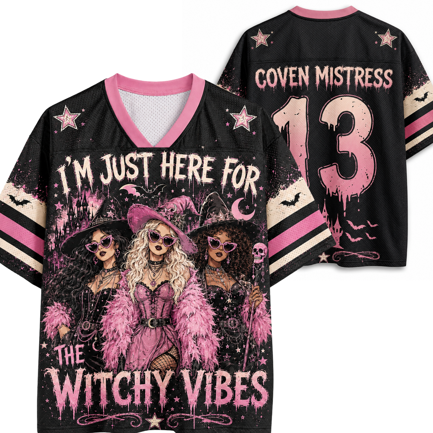 Black V-neck graphic jersey shown from front and back on a white background. The front features pink and beige witch illustrations with the text 'I'M JUST HERE FOR THE WITCHY VIBES'.