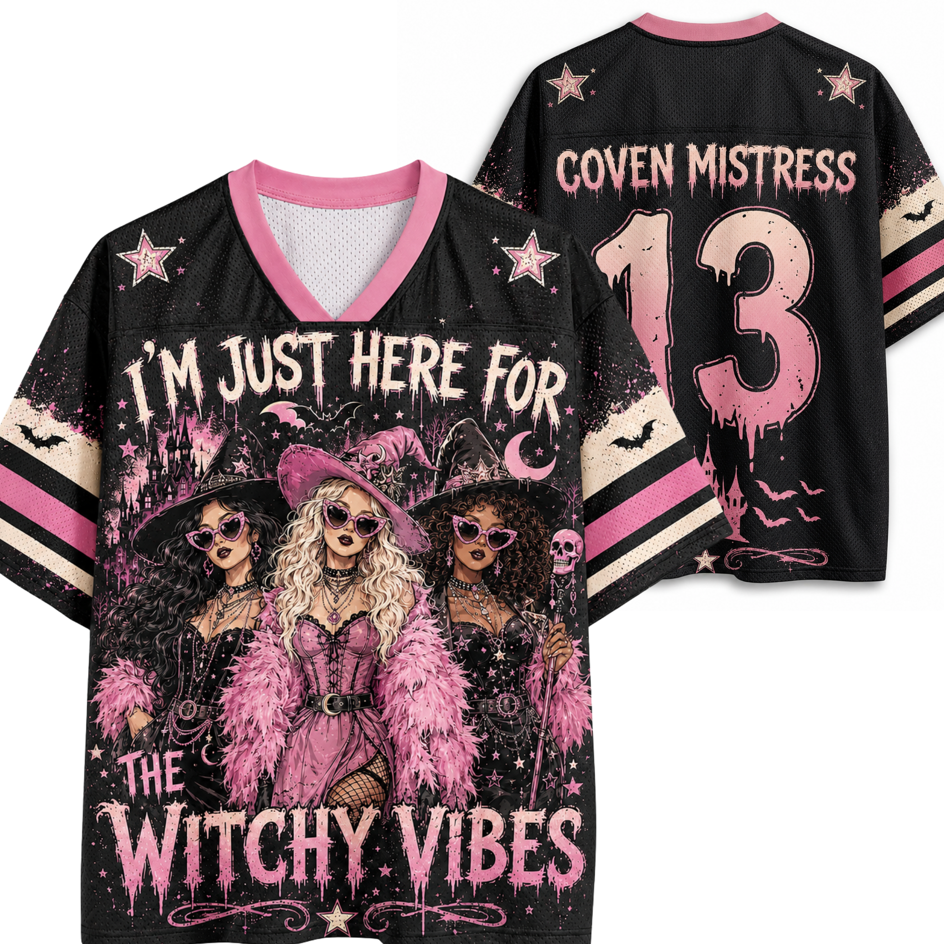 Black V-neck graphic jersey shown from front and back on a white background. The front features pink and beige witch illustrations with the text 'I'M JUST HERE FOR THE WITCHY VIBES'.
