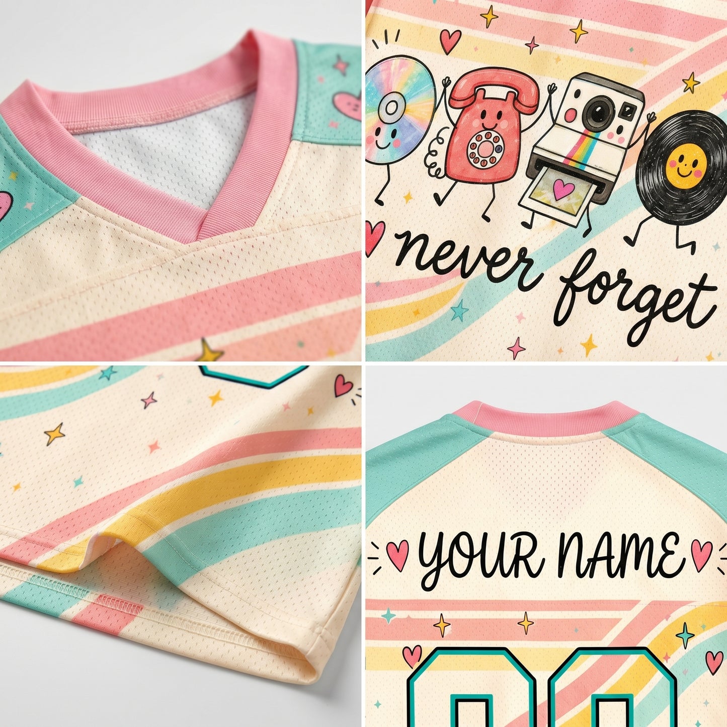Detailed close up of ChaoticClub 90s graphic print showcasing high-quality vibrant details of nostalgic retro elements on soft cotton fabric.