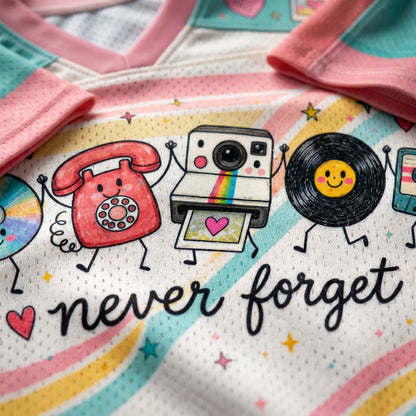 Detailed close up of ChaoticClub 90s graphic print showcasing high-quality vibrant details of nostalgic retro elements on soft cotton fabric.