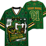 A green custom football jersey shown from the front and back, featuring a large glittery number 5, a green alligator mascot wearing sunglasses, paw prints, bows, stars, and customizable text reading 'YOUR NAME' and 'YOUR TEAM CUSTOM NAME'.