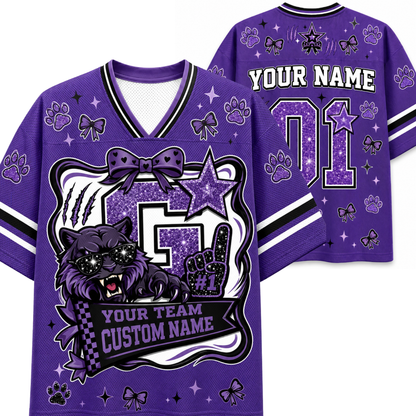 A purple custom pet-themed sports jersey shown from the front and back. The jersey features a glittery purple and black cat graphic with paw prints, bows, stars, and customizable text placeholders like 'YOUR NAME' and 'YOUR TEAM CUSTOM NAME'.