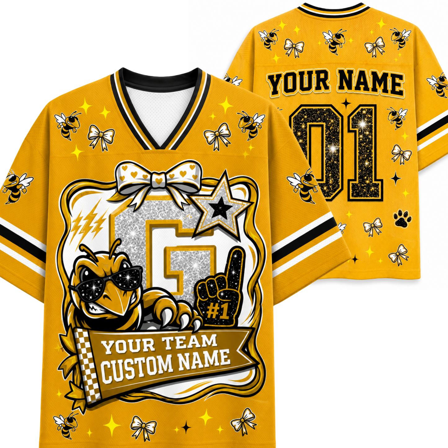 A yellow and black custom bee-themed jersey shown from both front and back. The front features a large glittery 'G' shield with a wasp mascot wearing sunglasses, a bow, stars, and customizable text reading 'YOUR TEAM CUSTOM NAME'.
