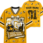 A yellow and black custom bee-themed jersey shown from both front and back. The front features a large glittery 'G' shield with a wasp mascot wearing sunglasses, a bow, stars, and customizable text reading 'YOUR TEAM CUSTOM NAME'.