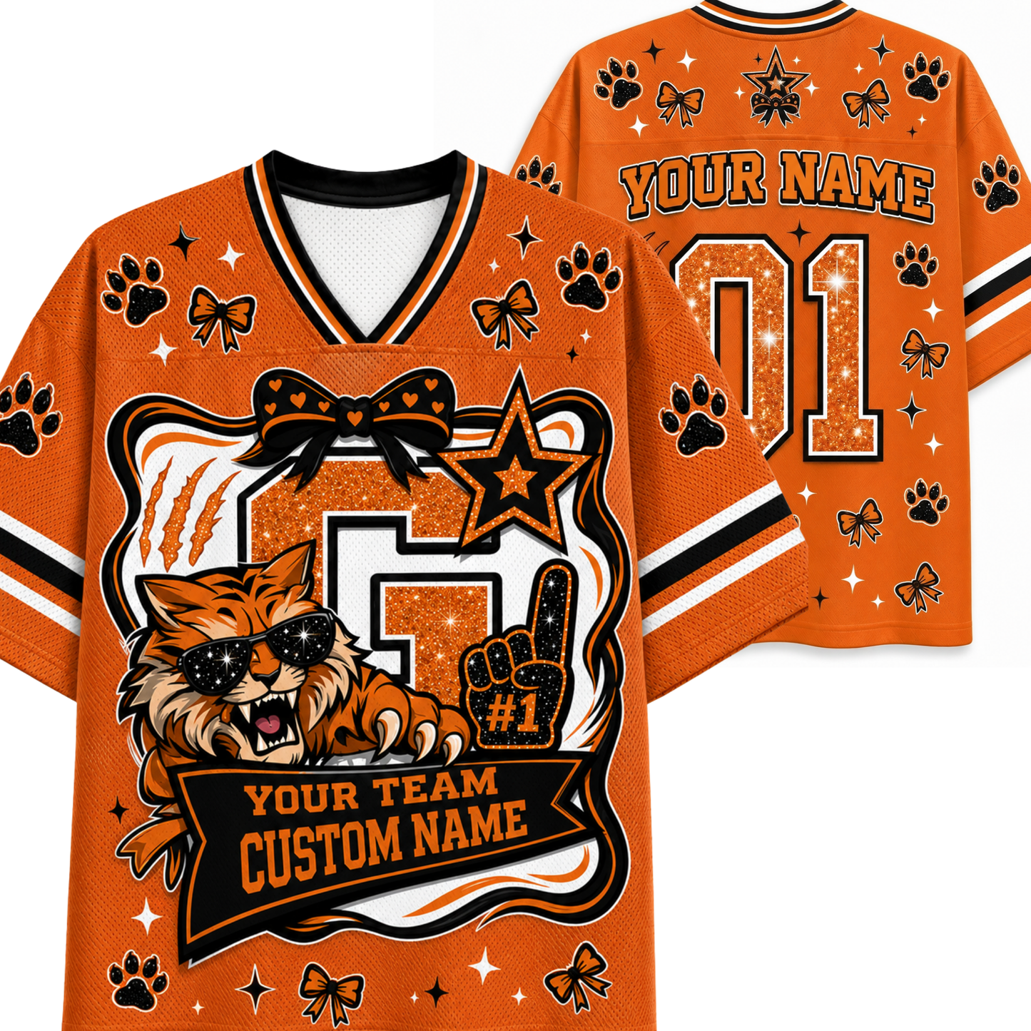 Custom orange and black sports jersey shown from both front and back, featuring a wildcat graphic with sunglasses, paw prints, bows, stars, and customizable text including 'YOUR NAME', '01', and 'YOUR TEAM CUSTOM NAME'.