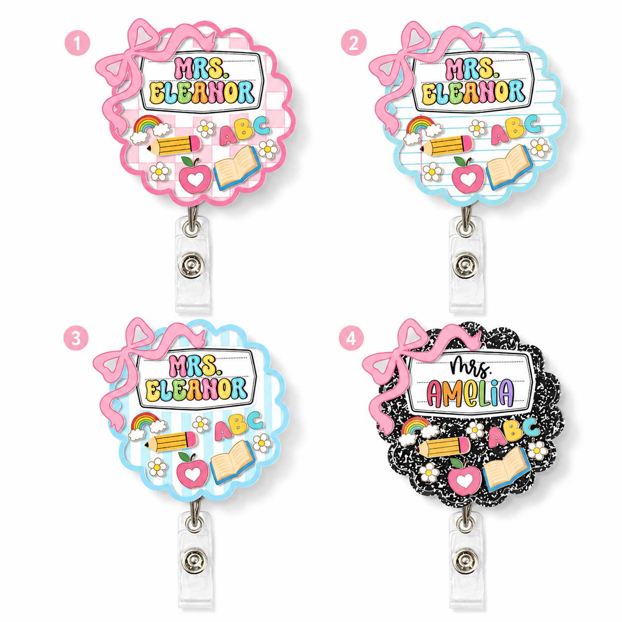 : ChaoticClub Teacher Badge Reel collection showing four personalized options for Mrs. Eleanor and Mrs. Amelia with cute pink bows and school doodles.