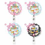 : ChaoticClub Teacher Badge Reel collection showing four personalized options for Mrs. Eleanor and Mrs. Amelia with cute pink bows and school doodles.