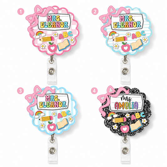 : ChaoticClub Teacher Badge Reel collection showing four personalized options for Mrs. Eleanor and Mrs. Amelia with cute pink bows and school doodles.