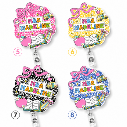 : ChaoticClub Teacher Badge Reel collection showing four personalized options for Mrs. Eleanor and Mrs. Amelia with cute pink bows and school doodles.
