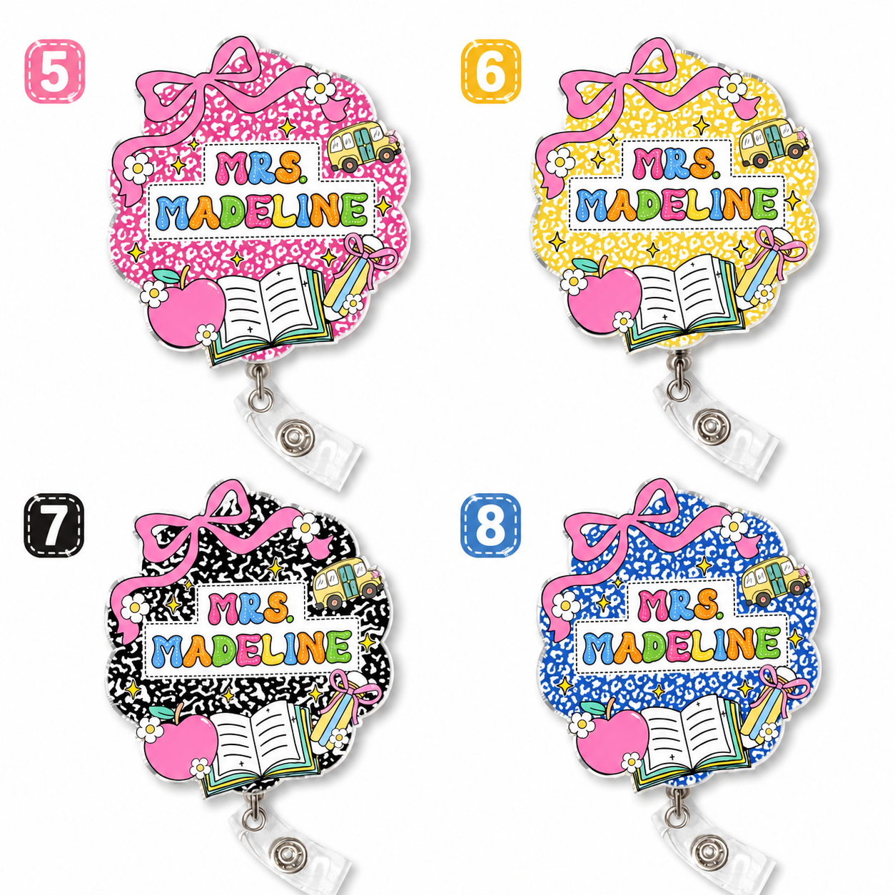 Four colorful badge holders with 'Mrs. Madeline' design on a white background