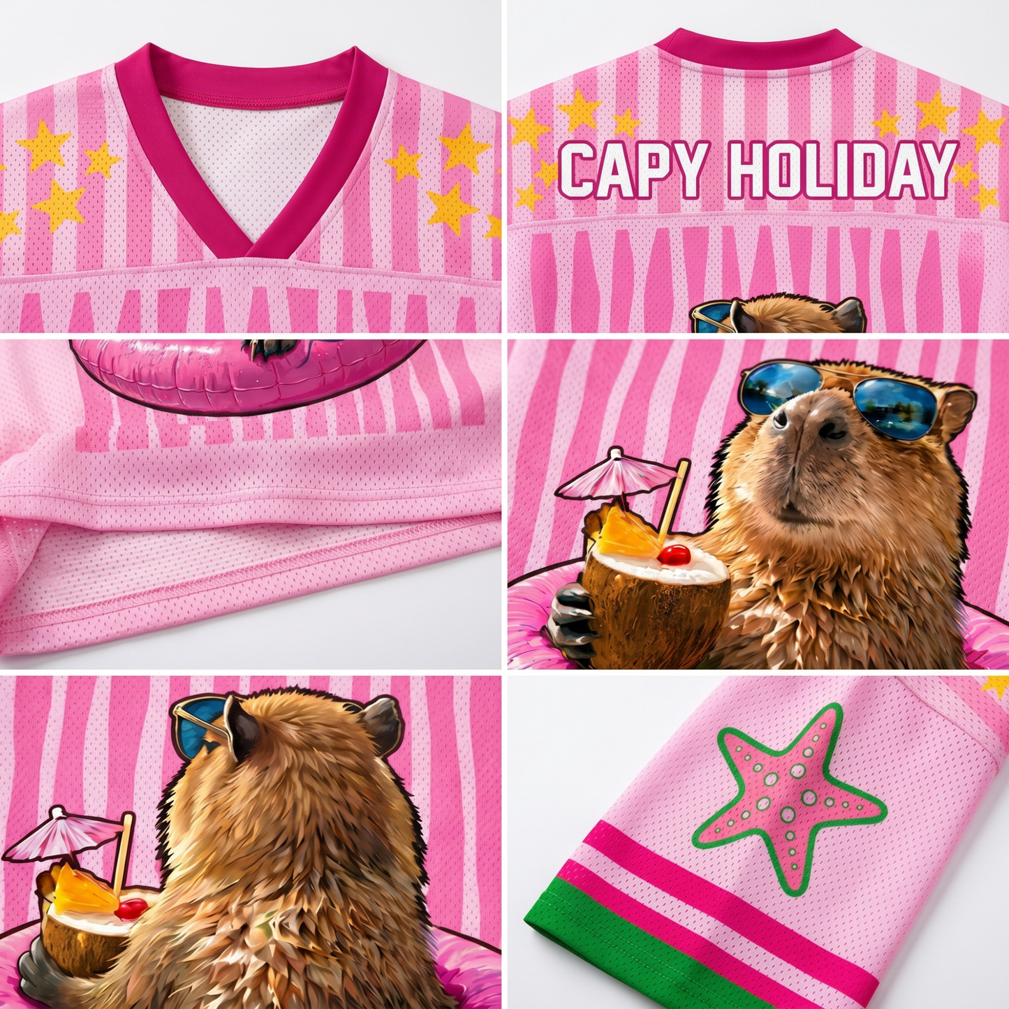 Close-up details of the ChaoticClub Capy Holiday pink mesh jersey showing the breathable fabric texture, "Capy Holiday" back print, starfish sleeve embroidery, and high-quality capybara graphic wearing sunglasses and holding a coconut drink.