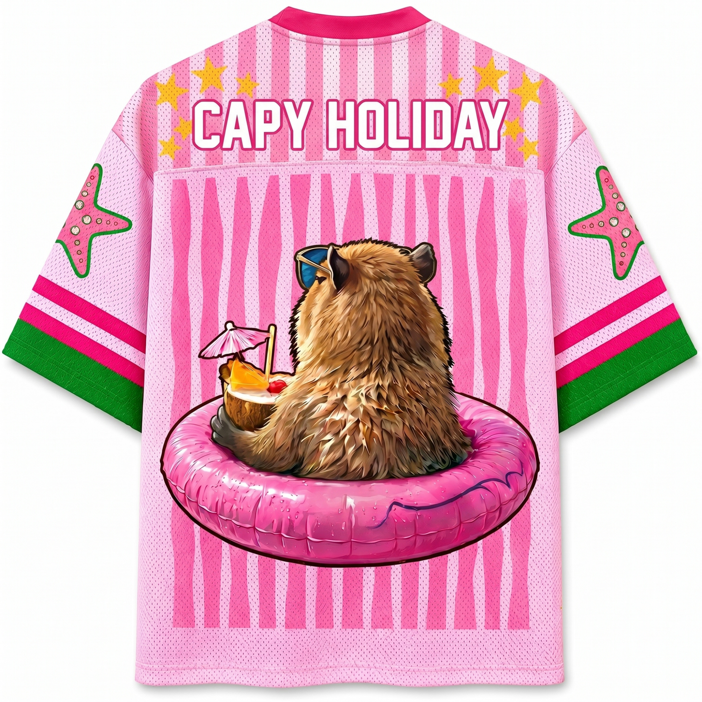 Pink jersey with a bear on an inflatable ring, 'Capy Holiday' text, and starfish designs.