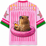 Pink jersey with a bear on an inflatable ring, 'Capy Holiday' text, and starfish designs.