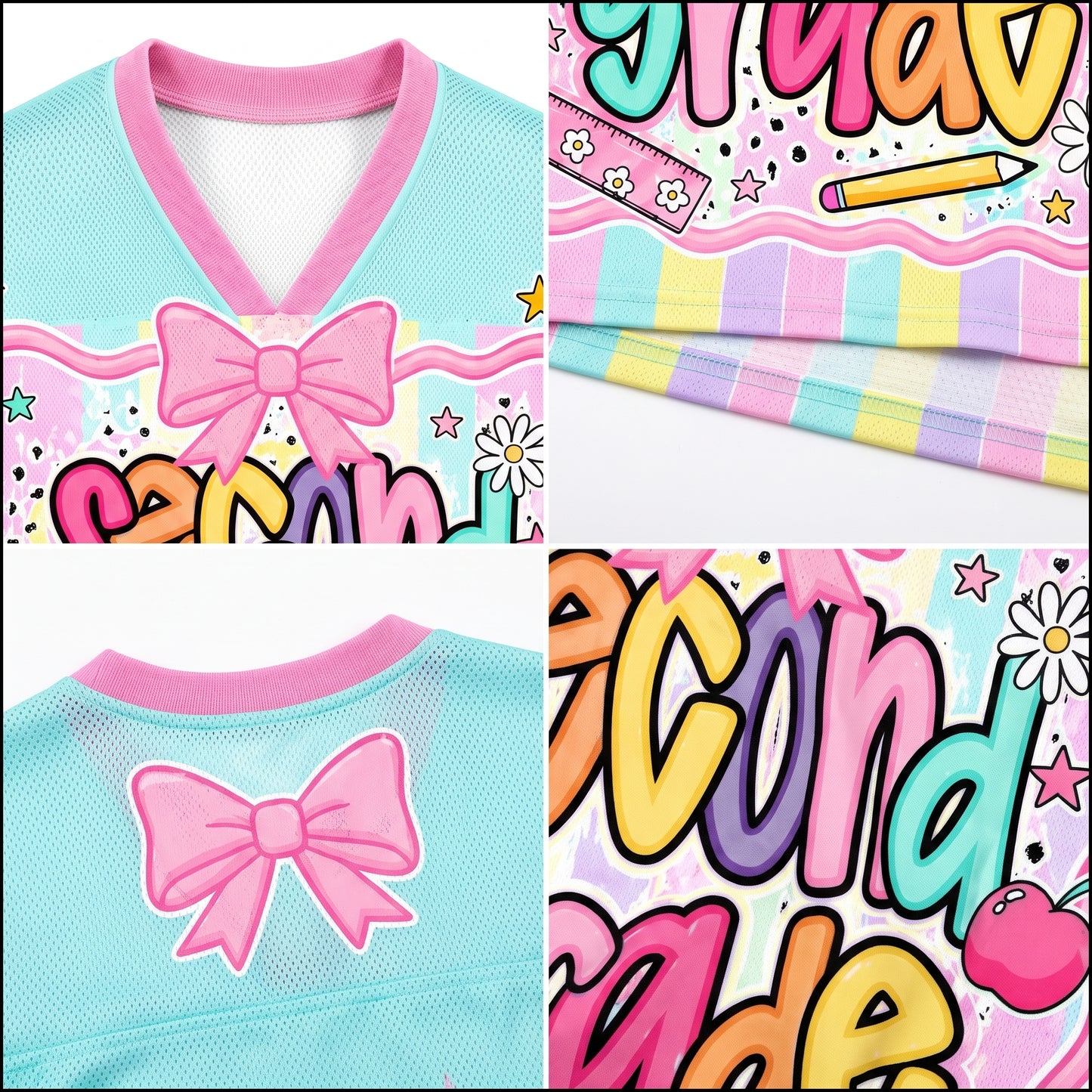 Collage of pastel-colored clothing with bows and colorful text, resembling a children's outfit design.