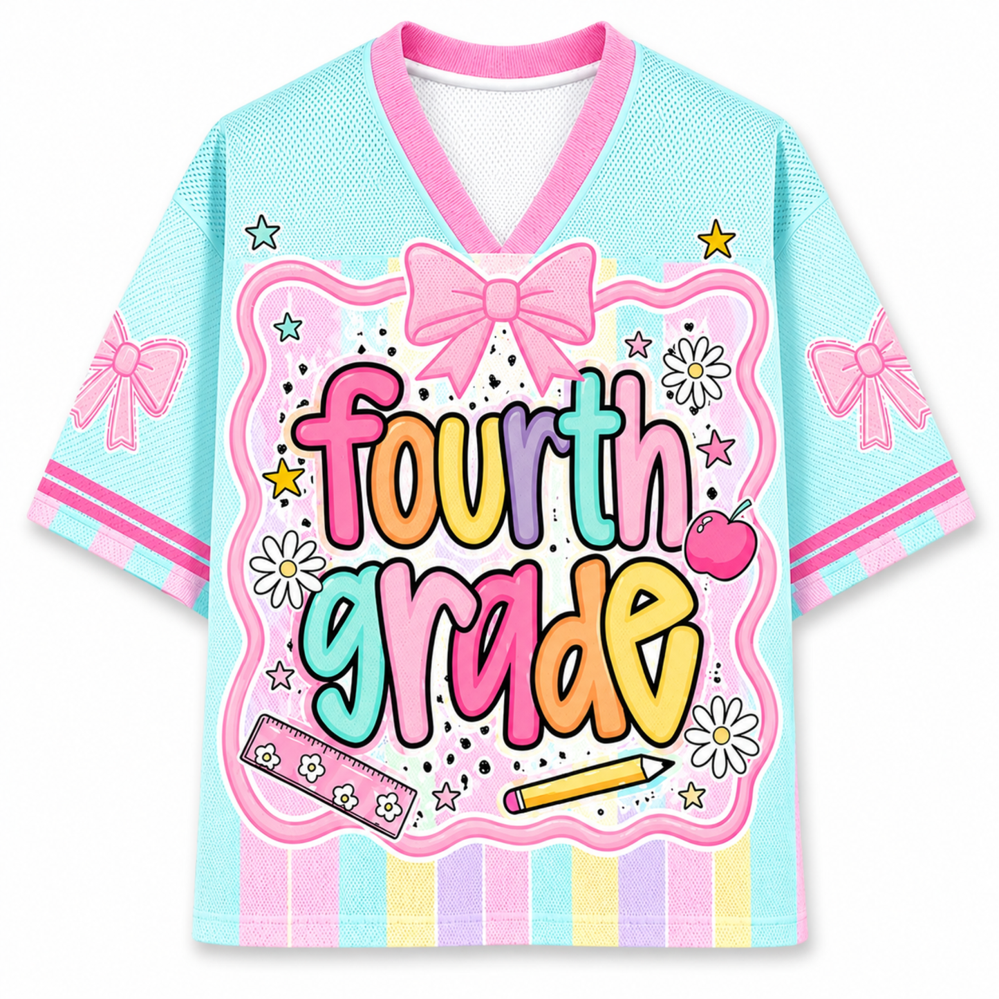 Colorful 'Fourth Grade' shirt with bows and decorative elements on a white background