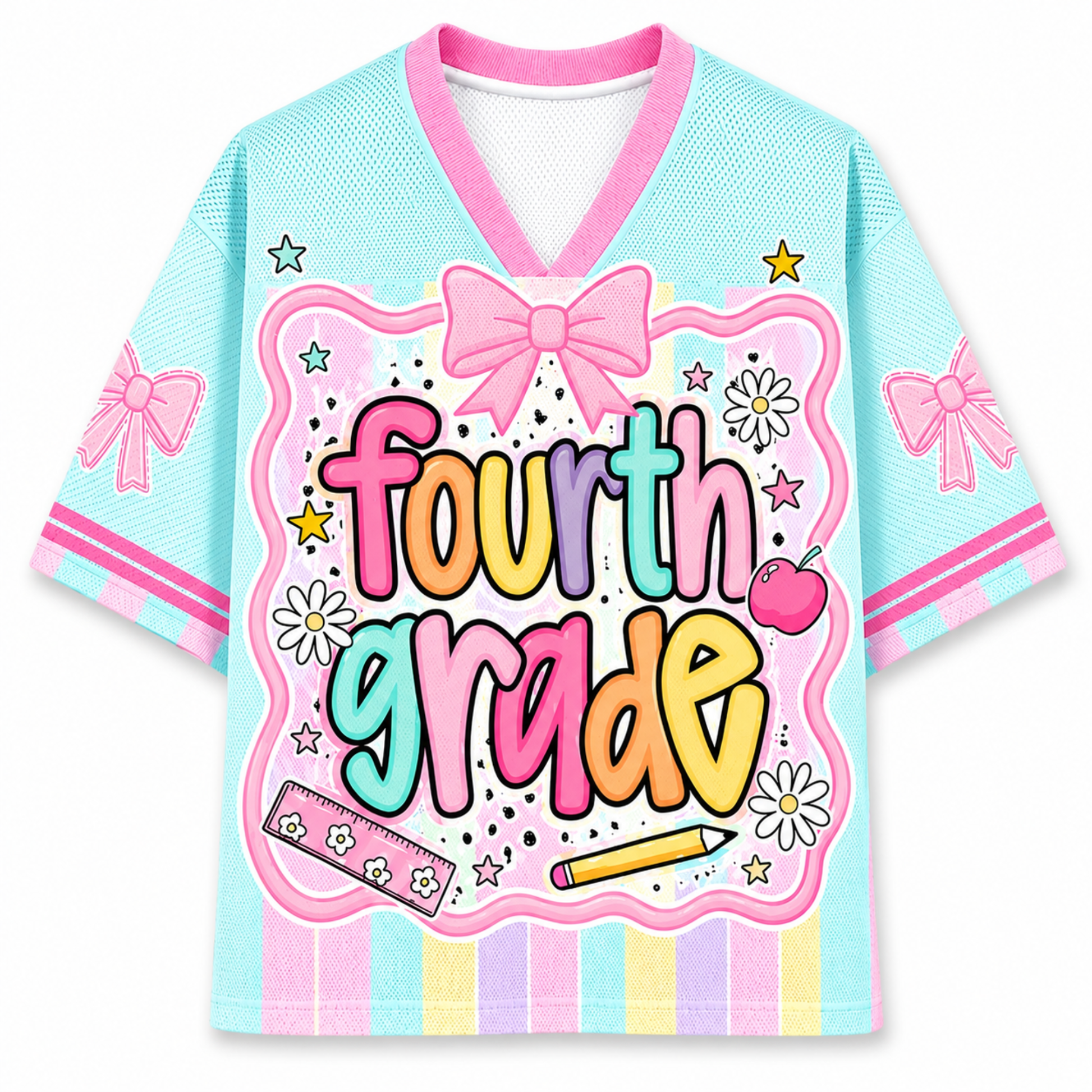 Colorful 'Fourth Grade' shirt with bows and decorative elements on a white background