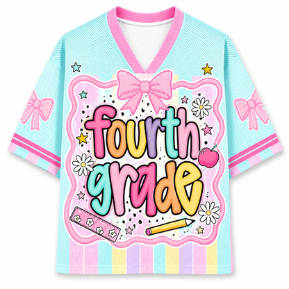 Colorful 'Fourth Grade' shirt with bows and decorative elements on a white background