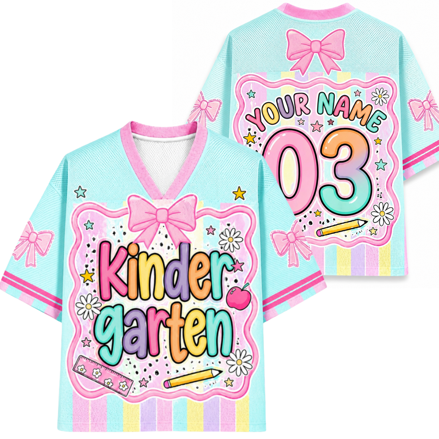 ChaoticClub Preppy Back To School Kindergarten Mesh Jersey front and back view featuring light blue and pink pastel stripes, coquette bows, and custom name 03.