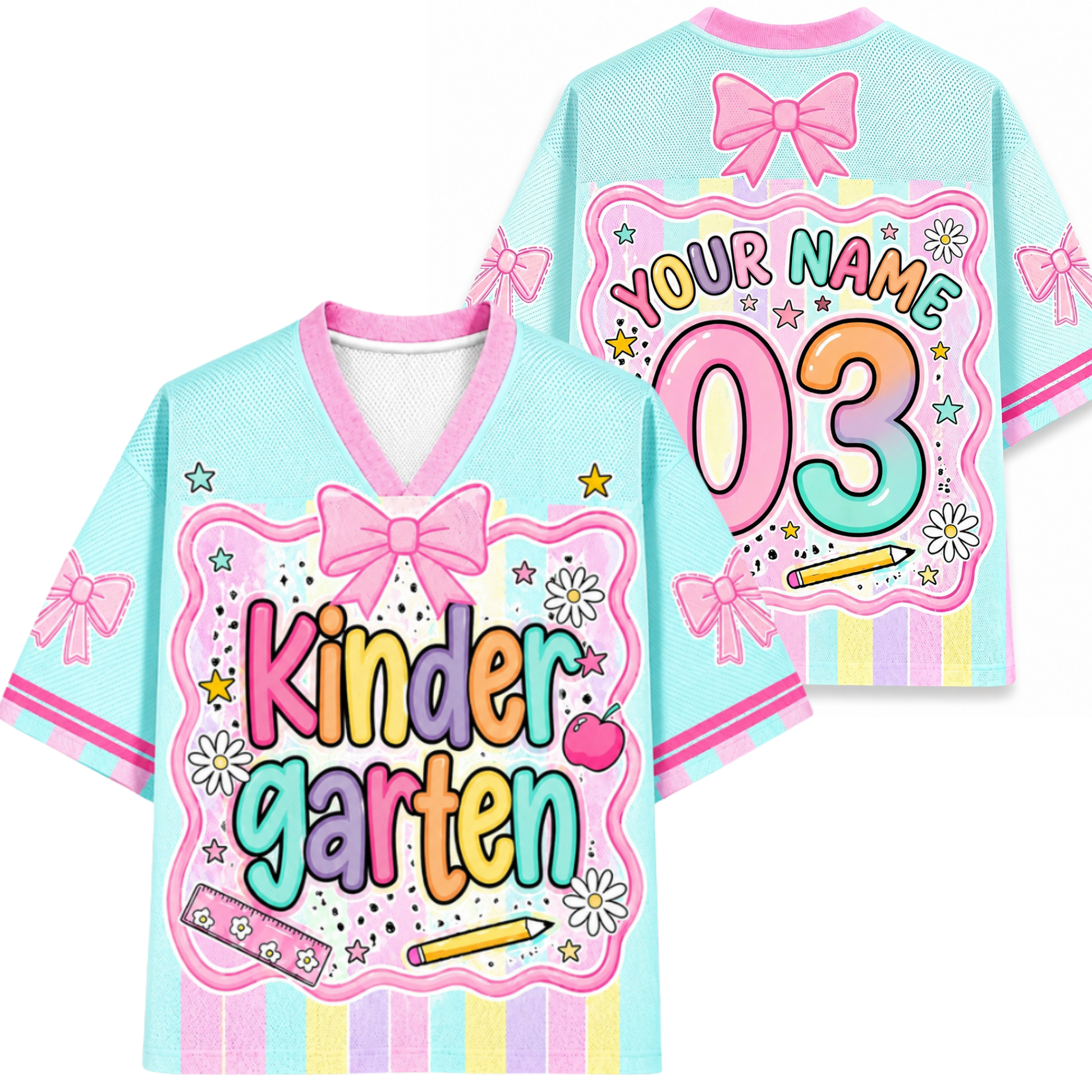 ChaoticClub Preppy Back To School Kindergarten Mesh Jersey front and back view featuring light blue and pink pastel stripes, coquette bows, and custom name 03.