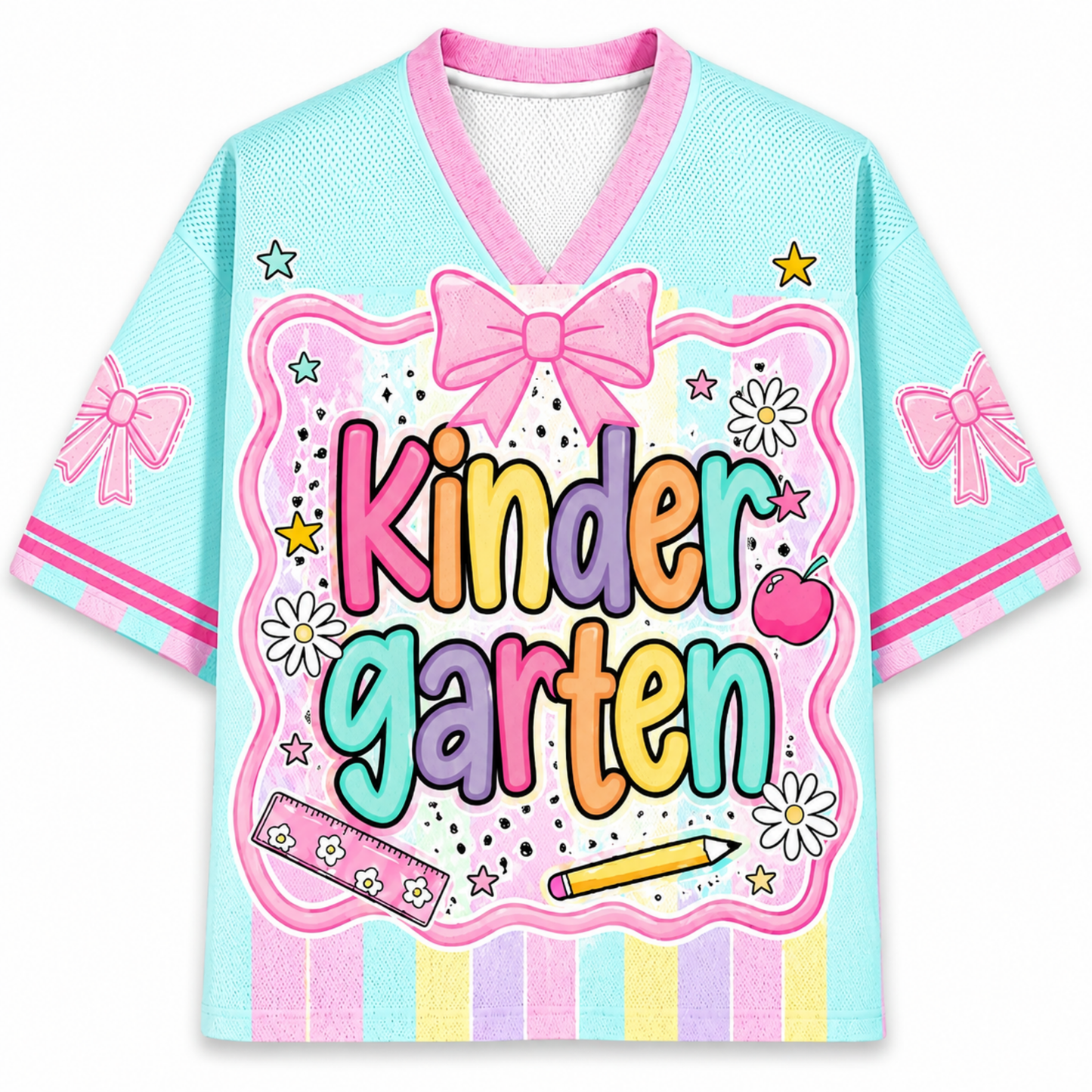 ChaoticClub Preppy Back To School Kindergarten Mesh Jersey front and back view featuring light blue and pink pastel stripes, coquette bows, and custom name 03.