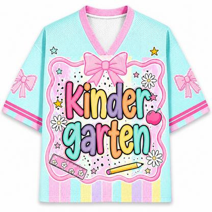 ChaoticClub Preppy Back To School Kindergarten Mesh Jersey front and back view featuring light blue and pink pastel stripes, coquette bows, and custom name 03.