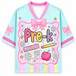 ChaoticClub Preppy Back To School Kindergarten Mesh Jersey front and back view featuring light blue and pink pastel stripes, coquette bows, and custom name 03.
