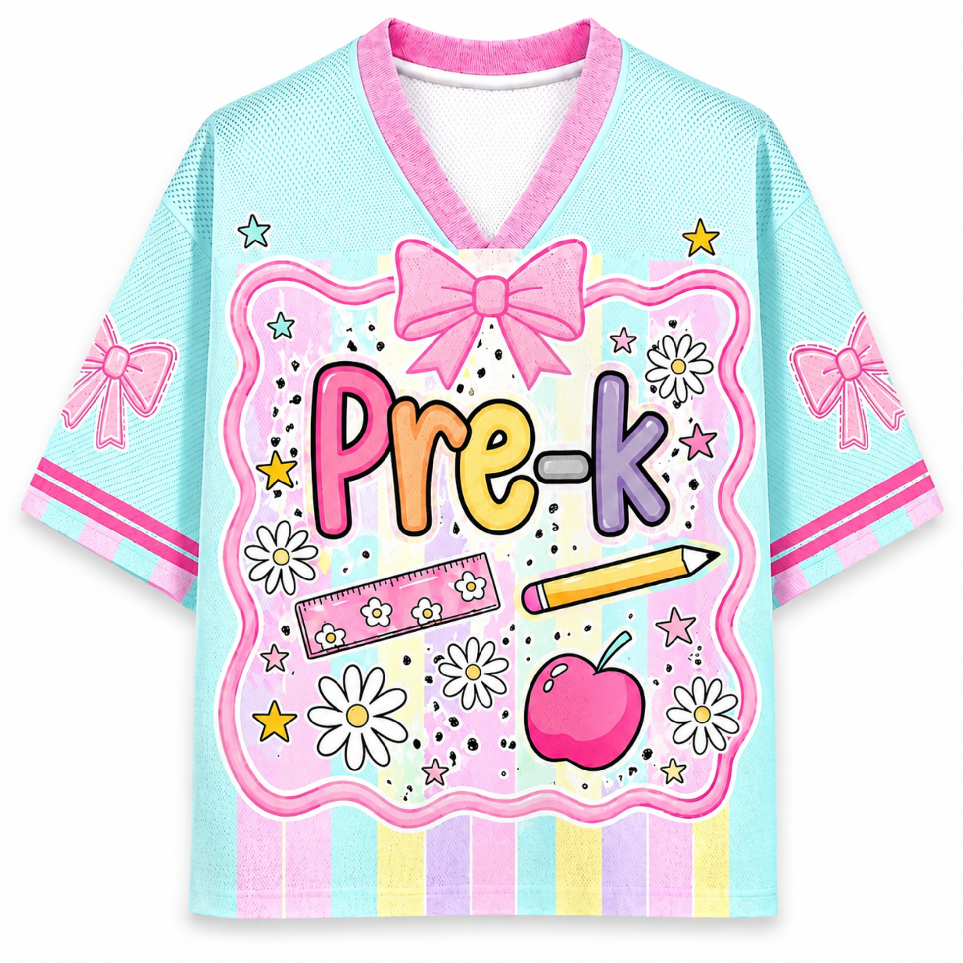 ChaoticClub Preppy Back To School Kindergarten Mesh Jersey front and back view featuring light blue and pink pastel stripes, coquette bows, and custom name 03.