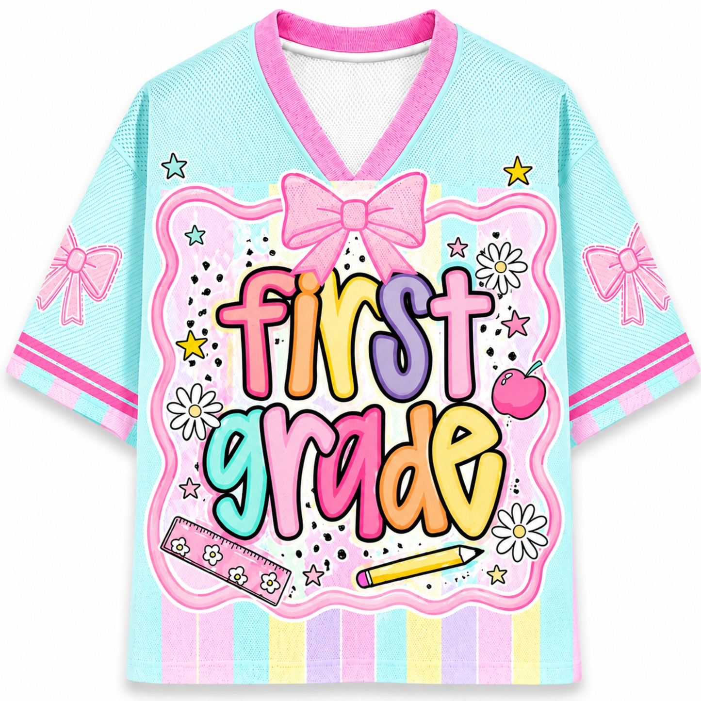 Colorful 'First Grade' jersey with bows and decorative elements on a white background