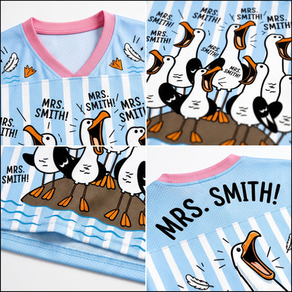 Children's pajama set with cartoon pelican design and 'Mrs. Smith!' text.