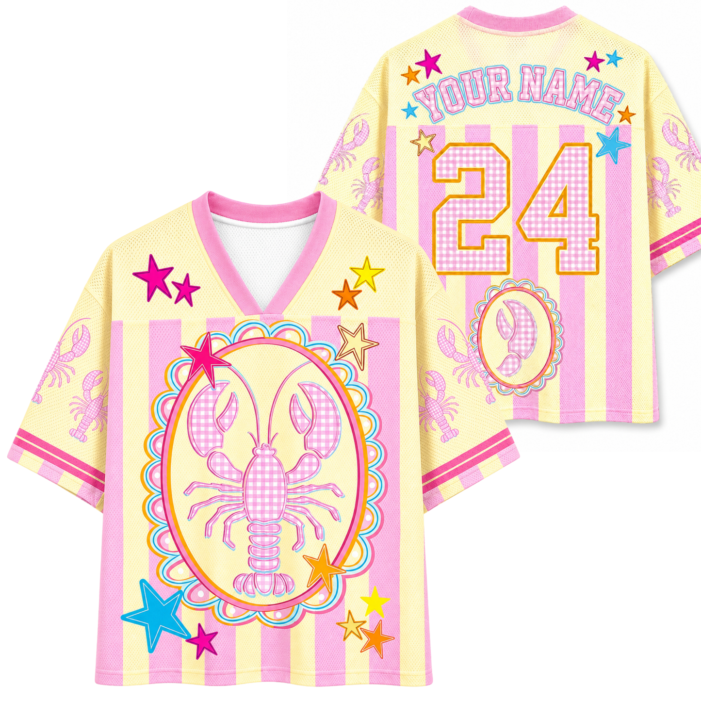 ChaoticClub preppy coastal mesh jersey front view showing a V-neck collar, pastel stripes, and a large pink gingham lobster framed with colorful stars.