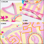 Collage of a pink and yellow dress with star and number print, focusing on collar, hem, back, and print details.