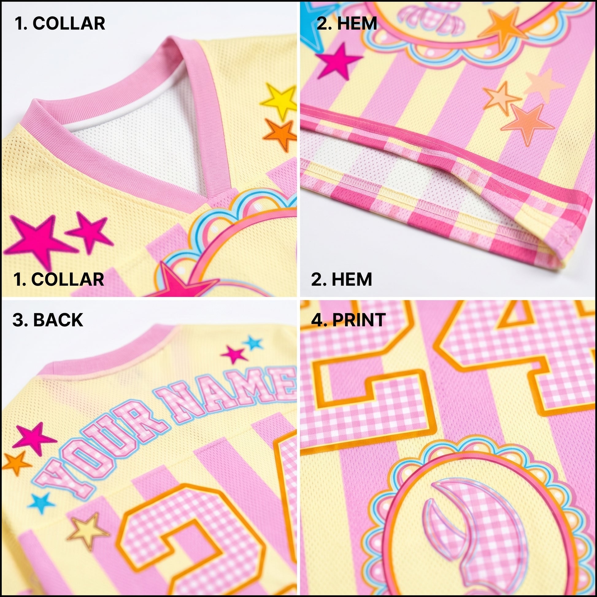 Collage of a pink and yellow dress with star and number print, focusing on collar, hem, back, and print details.