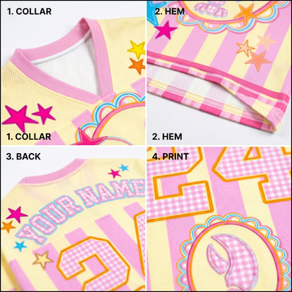 Collage of a pink and yellow dress with star and number print, focusing on collar, hem, back, and print details.