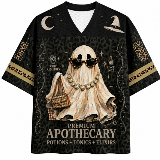 ChaoticClub preppy ghost mesh jersey front view showing V-neck collar, witch hat, moon details, and premium apothecary typography.