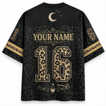 Black jersey with gold leopard print design, customizable text, and symbols on a white background