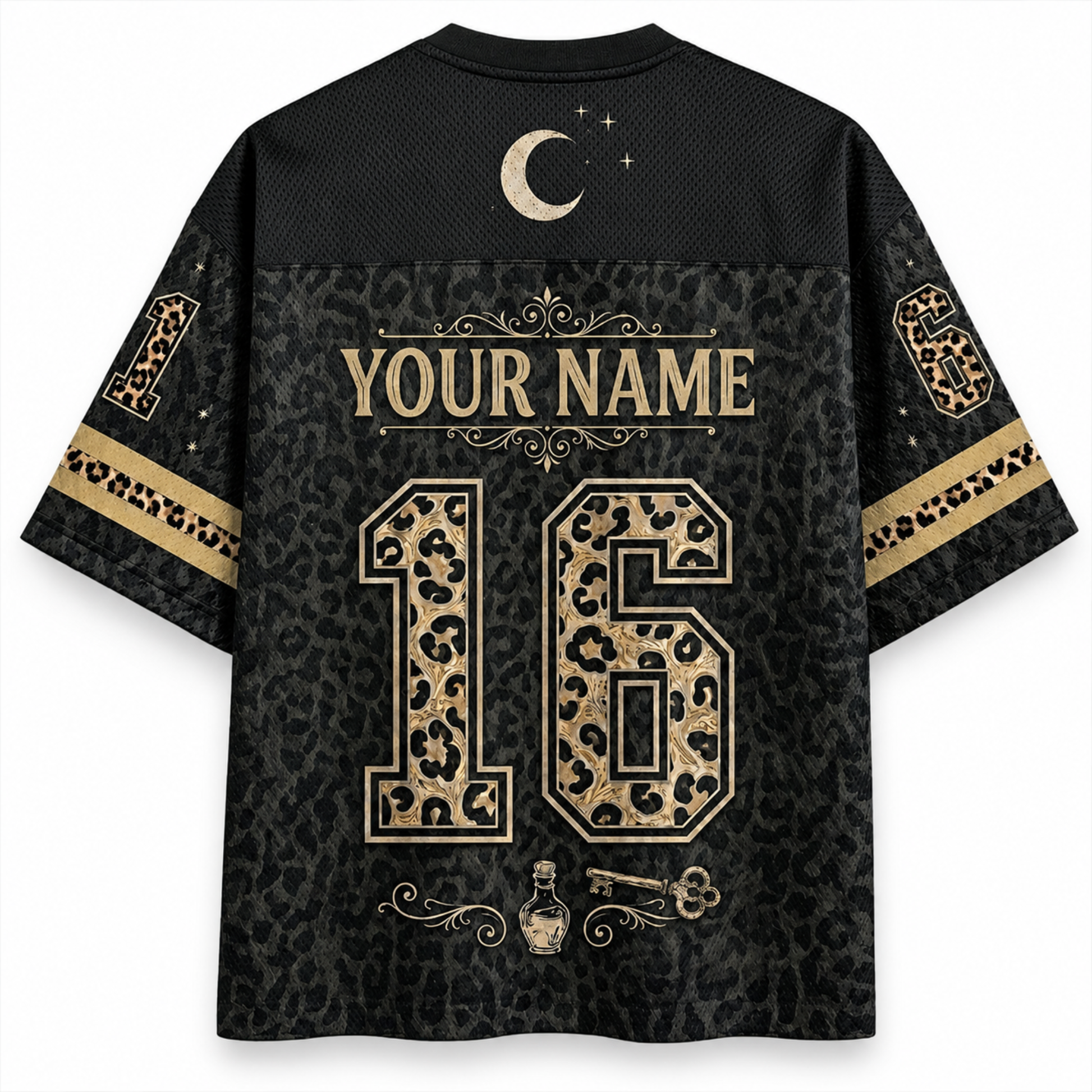 Black jersey with gold leopard print design, customizable text, and symbols on a white background